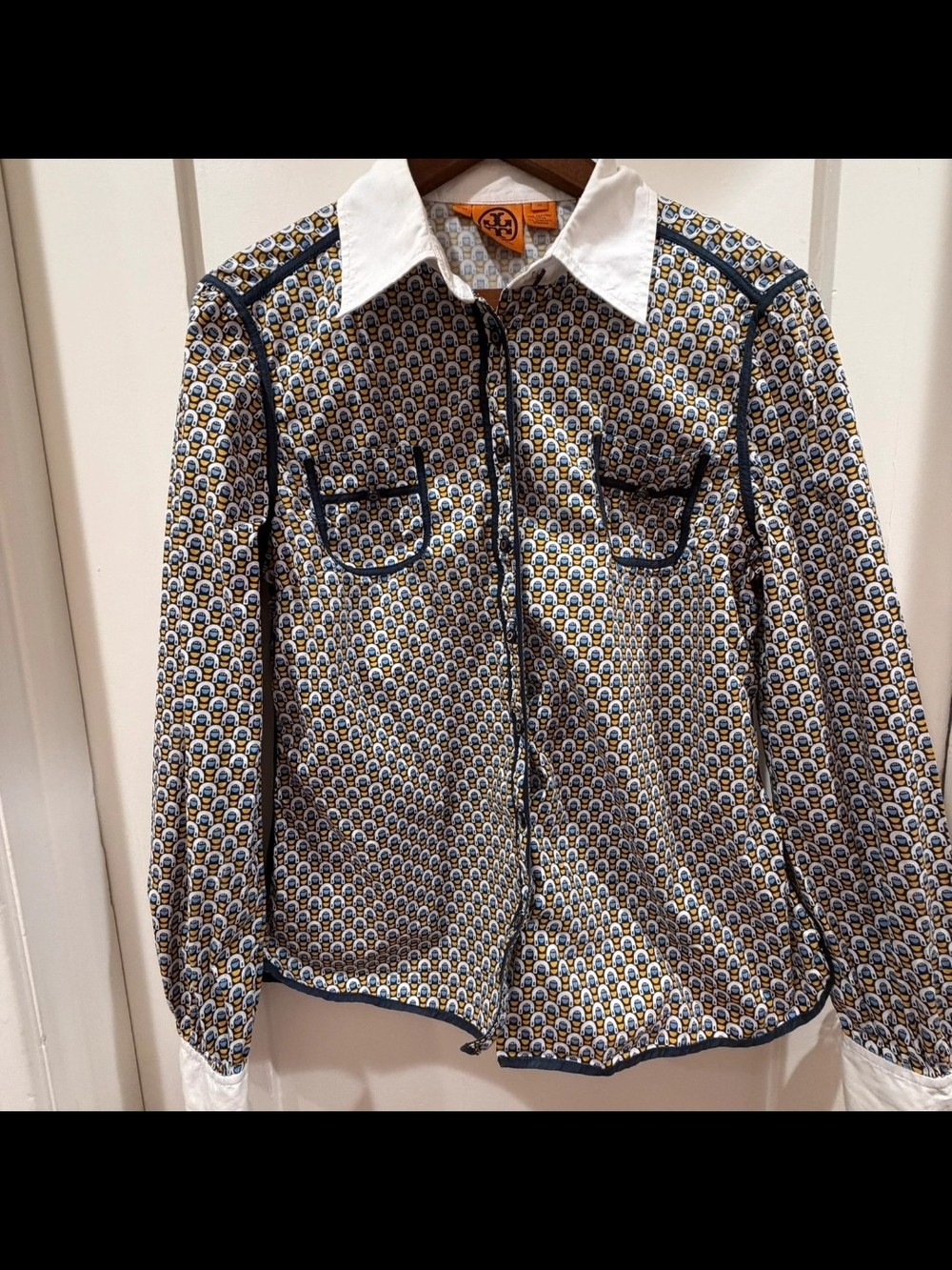 Tory Burch Patterned Button-Up Jacket with White Collar - Yellow/Blue